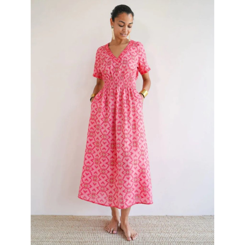 Nimo With Love Verbena Pink Block Print Midi Dress Linen Large Summer Resort